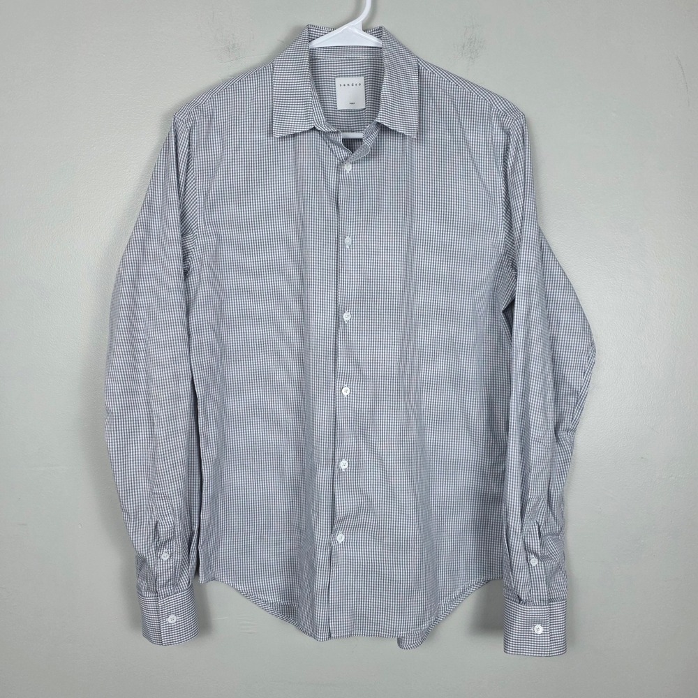 Sandro Paris Men's Check Gingham Dress Shirt Size 38 Blue White Button Down